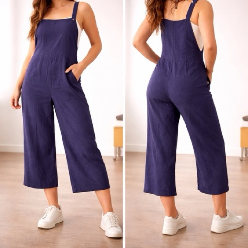 Women's Navy Wide-Leg 100% Cotton Overalls Jumpsuit